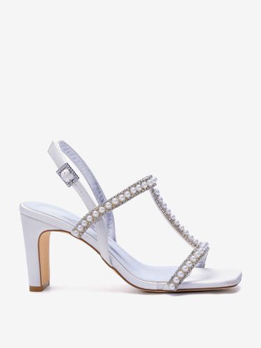 Chaussures de mariée blanches à bout ouvert ornées de perles et à talon compensé en forme de T - milanoo.com - Modalova