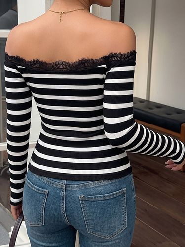 Haut rayé en maille épaules dénudées manches longues coupe ajustée bordure en dentelle chemise décontractée - milanoo.com - Modalova