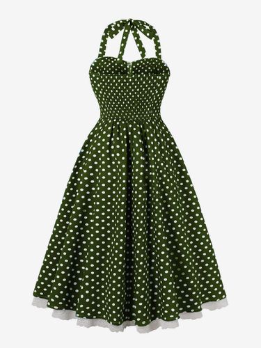 Robe dos nu vintage à pois ornée de dentelle nœud dans le dos sans manches taille haute coupe évasée - milanoo.com - Modalova