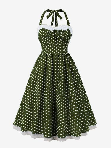 Robe dos nu vintage à pois ornée de dentelle nœud dans le dos sans manches taille haute coupe évasée - milanoo.com - Modalova