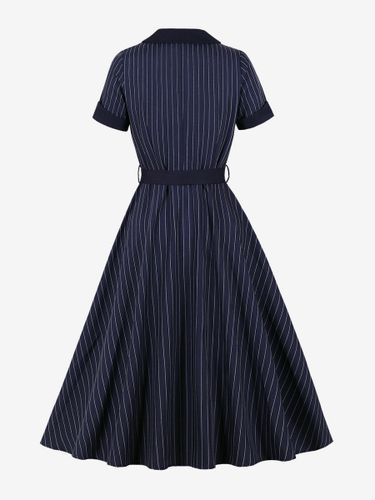 Robe mi-longue vintage à rayures verticales revers manches courtes à poignets boutonnés ceinture à nouer à la taille et fermeture boutonnée - milanoo.com - Modalova