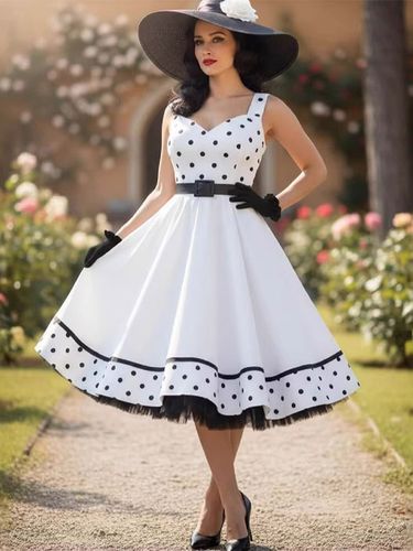 Robe vintage à pois sans manches décolleté cœur ceinture contrastée à l'ourlet style rétro coupe midi évasée - milanoo.com - Modalova