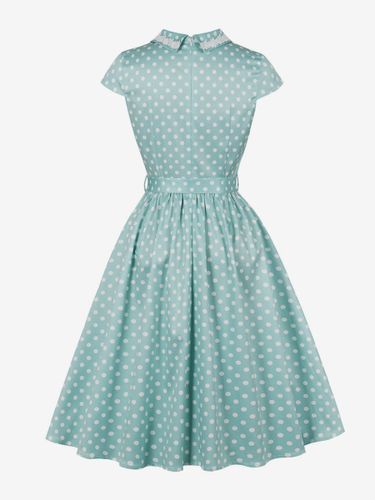Robe mi-longue vintage à pois col à revers manches courtes col en dentelle ceinture décorative style rétro - milanoo.com - Modalova