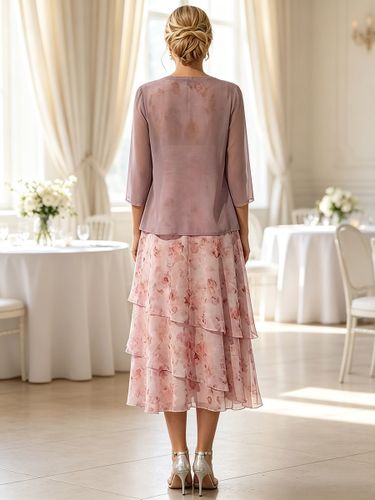 Robe de mère de la mariée col rond manches 3/4 coupe trapèze longueur thé robe d'invitée pour un mariage - milanoo.com - Modalova