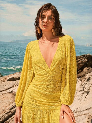 Robe de vacances longue en dentelle à décolleté plongeant manches bouffantes devant cache-cœur fente haute style fluide idéale pour la plage - milanoo.com - Modalova