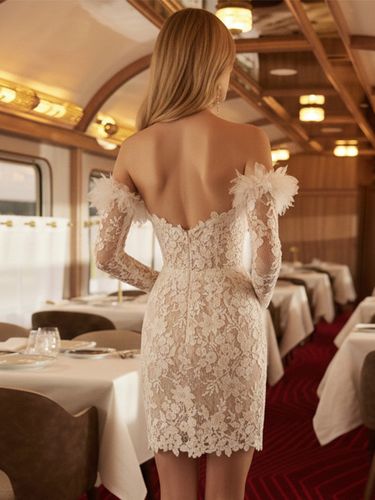 Robe de mariée courte décolleté en cœur manches 3/4 taille naturelle en dentelle - milanoo.com - Modalova