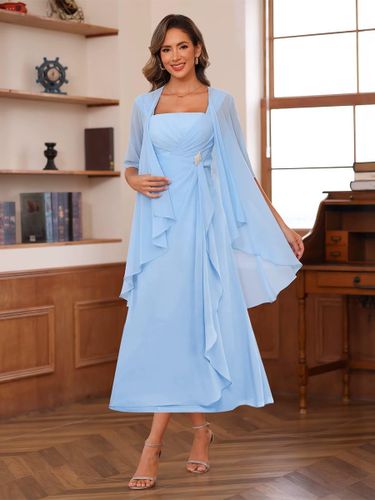 Robe de mère de la mariée col carré manches mi-longues deux pièces plissées robe d'invitée pour mariage - milanoo.com - Modalova