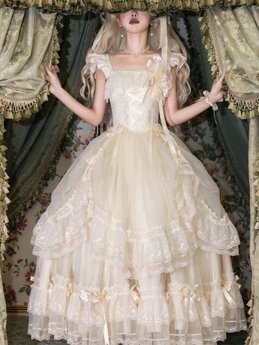Robe longue Lolita fée blanche à lacets et nœuds ornée de fleurs idéale pour un goûter - milanoo.com - Modalova