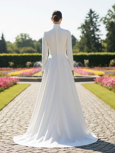 Robe de Mariée Simple manches longues col roulé Tissu de satin Robes de mariée - milanoo.com - Modalova