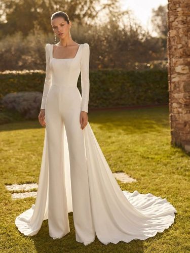 Combinaison de mariée 2 pièces en crêpe stretch avec nœuds et traîne col carré manches longues taille naturelle couleur - milanoo.com - Modalova