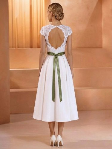 Robe de mariée courte vintage décolleté en cœur manches courtes taille naturelle dentelle longueur thé ceinture - milanoo.com - Modalova