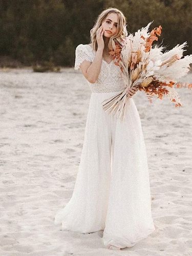 Combinaison mariage civil en mousseline découpée longueur au sol col en V manches courtes taille robe de mariée bohème - milanoo.com - Modalova