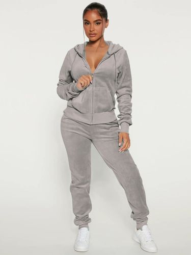 Ensemble jogging à capuche zippé en velours coupe ajustée 2026 - milanoo.com - Modalova