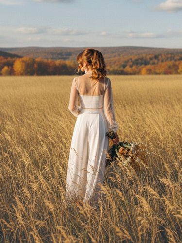 Robe de mariée 3 pièces pour la mariée en dentelle et mousseline col illusion fermeture éclair manches longues longueur au sol - milanoo.com - Modalova