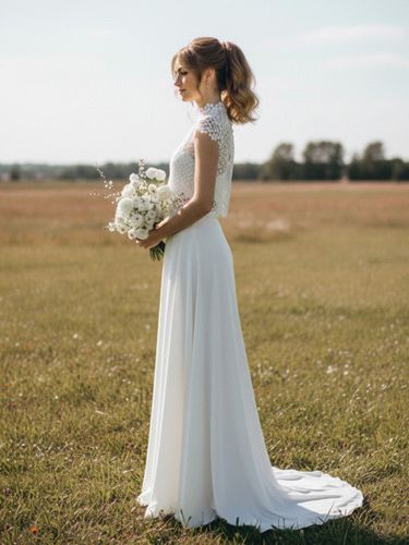 Robe de mariée 3 pièces en dentelle et mousseline décolleté illusion fermeture éclair manches courtes - milanoo.com - Modalova