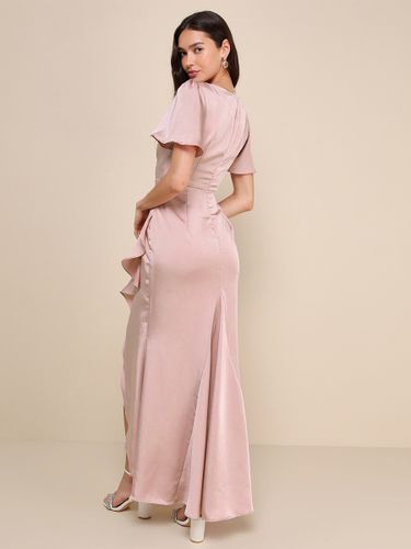 Robe de demoiselle d\'honneur rose col en V volants asymétrique ligne a robe longue de bal - milanoo.com - Modalova