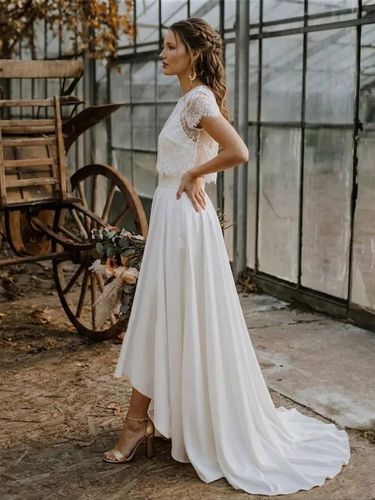 Robe de mariée 3 pièces en dentelle col bijou coupe trapèze fermeture éclair manches courtes - milanoo.com - Modalova