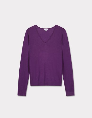 Pull 100% laine mérinos à col V - violet - celio - Modalova