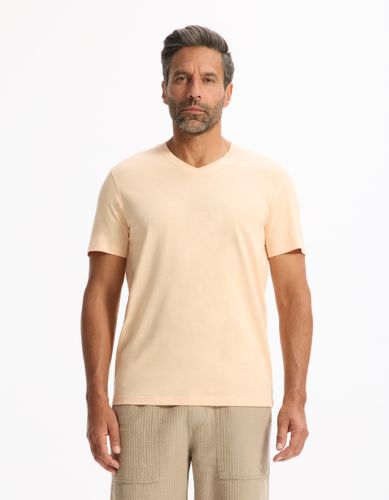 T-shirt straight col v 100% coton - orange - camaieu - Modalova