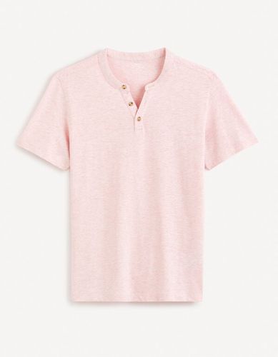 T-shirt col henley coton mélangé - rose pâle - celio - Modalova