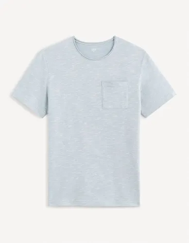 T-shirt col rond en coton et lin - bleu - celio - Modalova