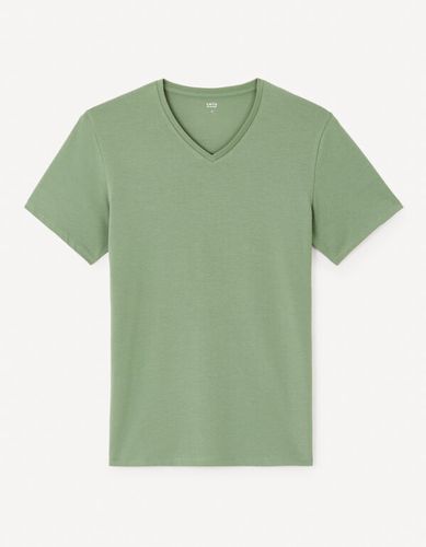 T-shirt col v en coton stretch - vert - celio - Modalova