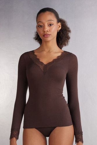 Modal Cashmere Ultralight Long Lace Shirt Woman Brown Size S - Intimissimi - Modalova