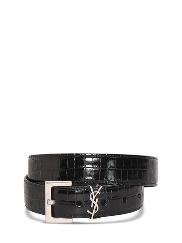 Ceinture En Cuir Embossé Crocodile 3 Cm - SAINT LAURENT - Modalova