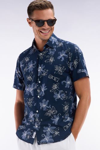 Chemise À Manches Courtes En Coton Marine Imprimé Fleurs Coupe Ajustée - Eden Park - Modalova