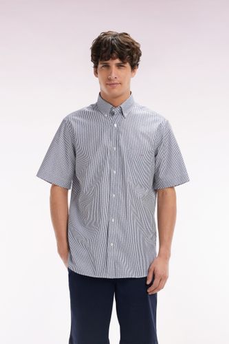 Chemise À Manches Courtes En Coton Tissage Jacquard Rayé Foncé Coupe Droite - Eden Park - Modalova