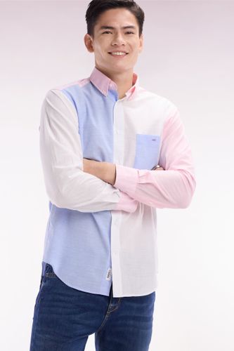 Chemise En Jacquard Et Dobby De Coton Ciel Et Rose Coupe Droite - Eden Park - Modalova