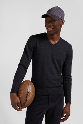 Pull Col V En Laine Et Coton Anthracite Demi-lune Cerclée Coupe Regular - Eden Park - Modalova