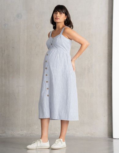 Robe grossesse et allaitement midi rayée en lin et coton - Bleu et blanc - Seraphine - Modalova