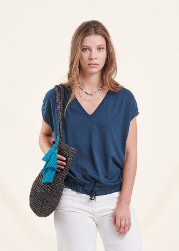 T-shirt blousant bleu pétrole en lyocell manches courtes - La Fée Maraboutée - Modalova