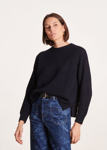 Pull bleu marine encolure ronde en maille côtes perlées - La Fée Maraboutée - Modalova