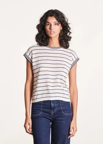 Pull rayé bleu manches courtes col rond - La Fée Maraboutée - Modalova