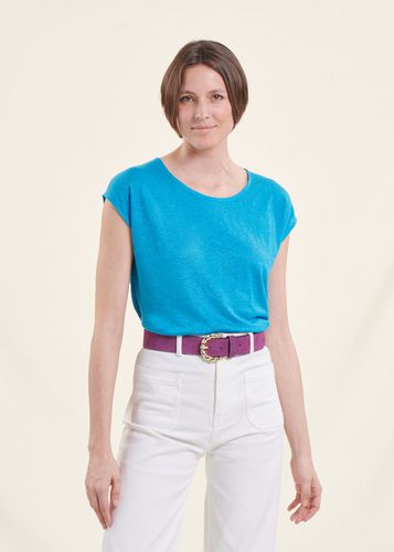 T-shirt bleu azur en lin manches courtes - La Fée Maraboutée - Modalova