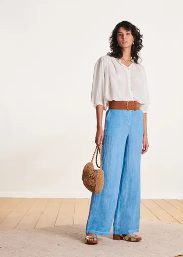 Pantalon droit et large bleu clair en lin taille haute - La Fée Maraboutée - Modalova