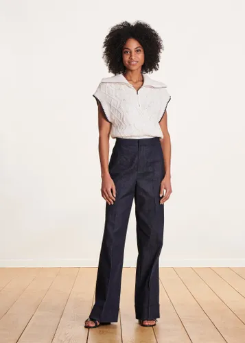 Pantalon droit bleu foncé en coton taille haute - La Fée Maraboutée - Modalova