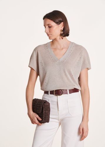 Pull beige irisé manches courtes et col V - La Fée Maraboutée - Modalova