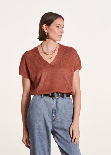 Pull marron irisé manches courtes et col V - La Fée Maraboutée - Modalova