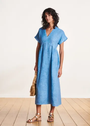 Robe longue évasée en lin bleu clair manches courtes - La Fée Maraboutée - Modalova