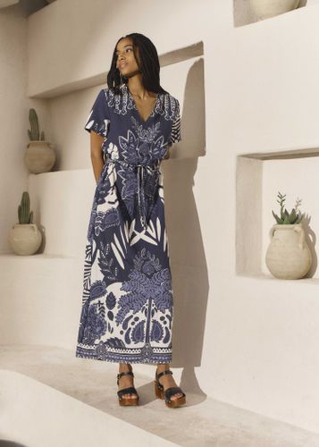 Robe longue bleu marine à imprimé manches courtes - La Fée Maraboutée - Modalova