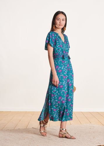 Robe longue cintrée vert canard imprimée manches courtes - La Fée Maraboutée - Modalova