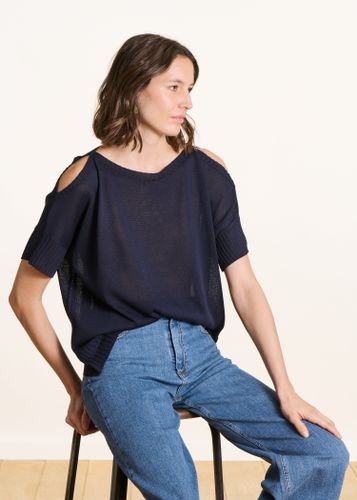 Pull manches courtes maille irisée bleu - La Fée Maraboutée - Modalova