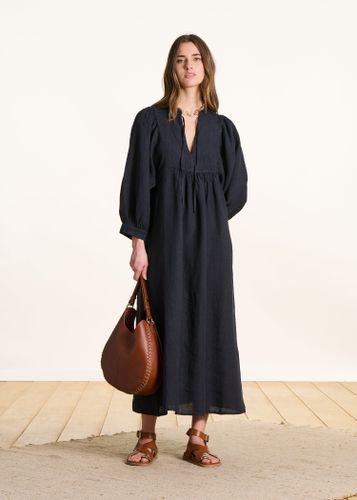Robe longue bleu foncé en lin à manches longues - La Fée Maraboutée - Modalova