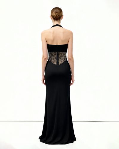 Robe longue froncée à empiècement en dentelle - Noir - JW PEI - Modalova
