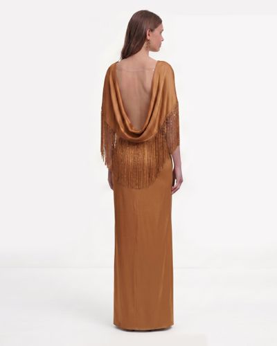 Robe longue en satin à cape et franges - Marron caramel - JW PEI - Modalova