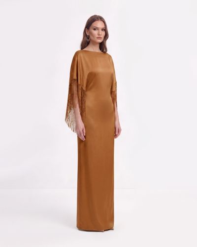 Robe longue en satin à cape et franges - Marron caramel - JW PEI - Modalova