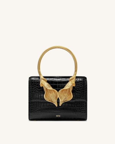 Sac à main supérieur avec poignée en métal et fleur de lys calla Astrid - Croco noir - JW PEI - Modalova